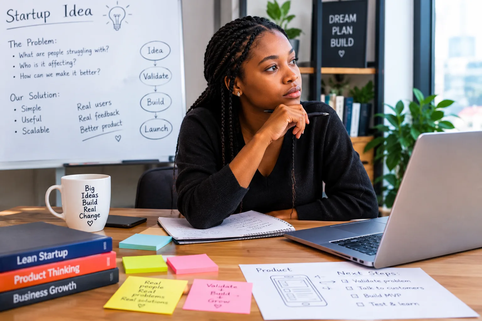 A young entrepreneur plans her startup idea at a desk with a laptop and notebook.