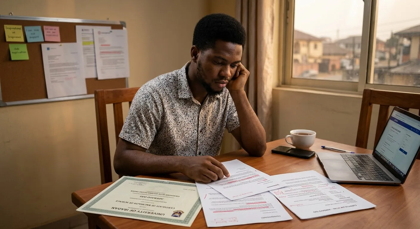 : A young African graduate sitting thoughtfully at a desk with his degree certificate, job applications, and a laptop.