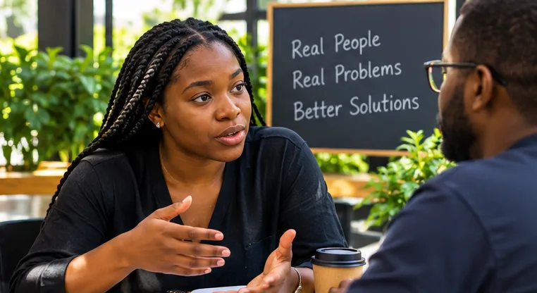 A startup founder talks with a potential customer to understand their needs.