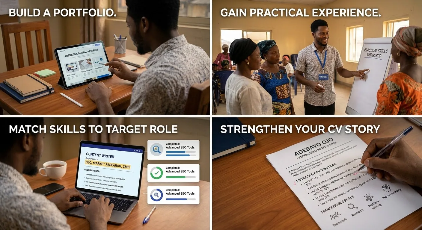 A four-panel graphic illustrating how to build a portfolio, gain practical experience, match skills to a role, and strengthen a CV.