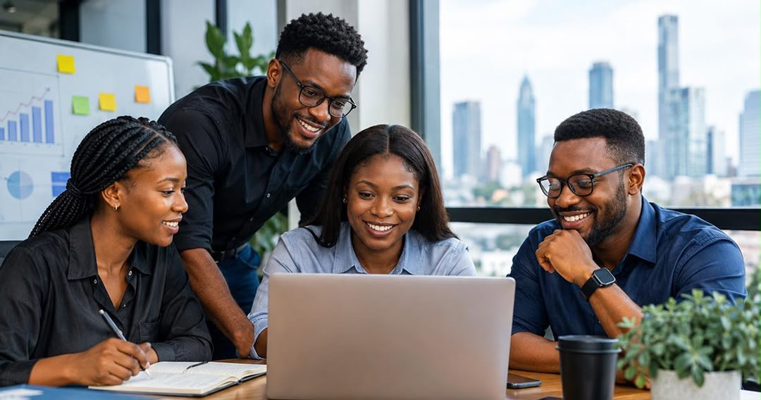 Four Nigerian startup professionals collaborating around a laptop in a modern offic