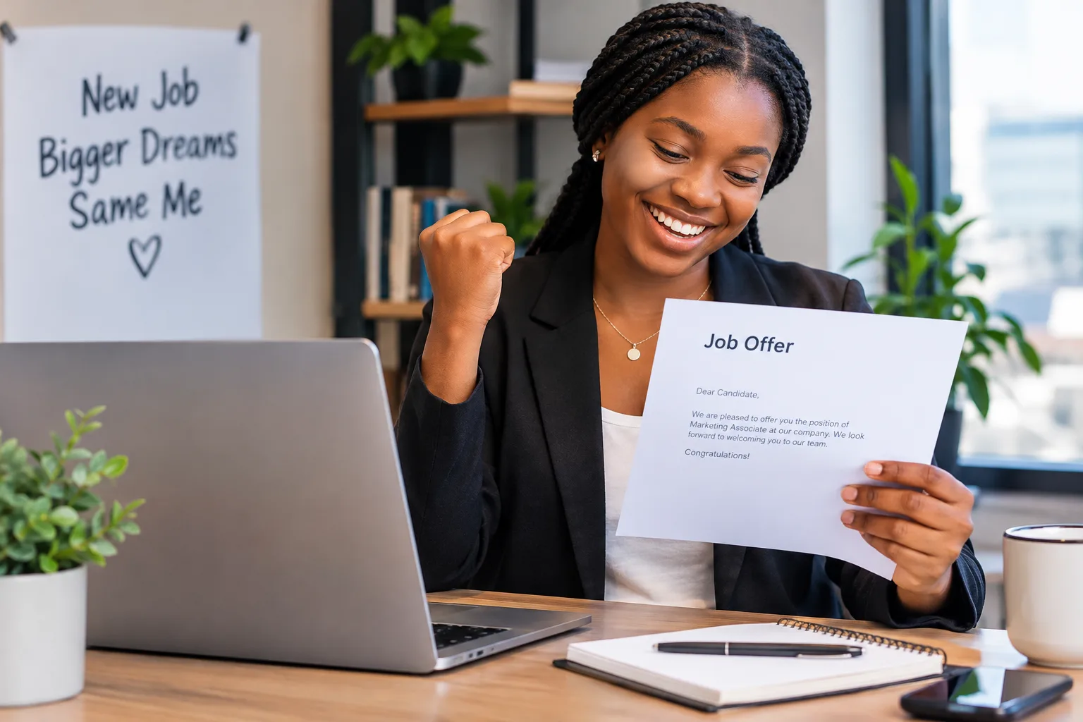 A smiling young Nigerian professional celebrates receiving a job offer while holding the letter at her desk beside a laptop.