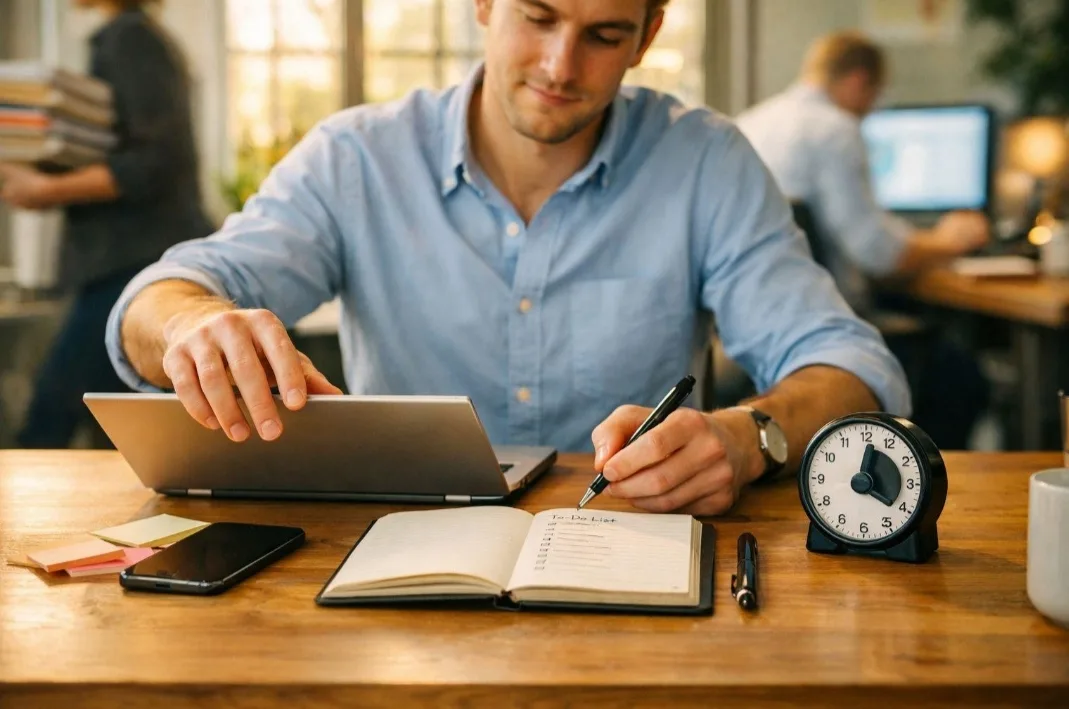 A professional organising daily responsibilities with a notebook, planner, laptop, and clock.