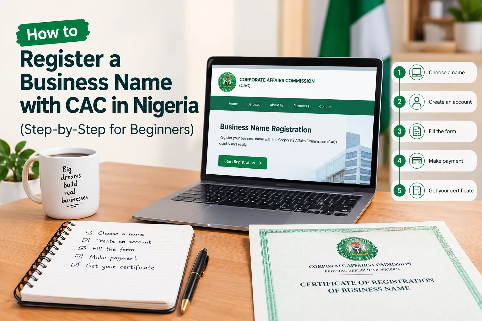 A step-by-step guide to registering a business name with Nigeria’s CAC, featuring a laptop, registration certificate and chec
