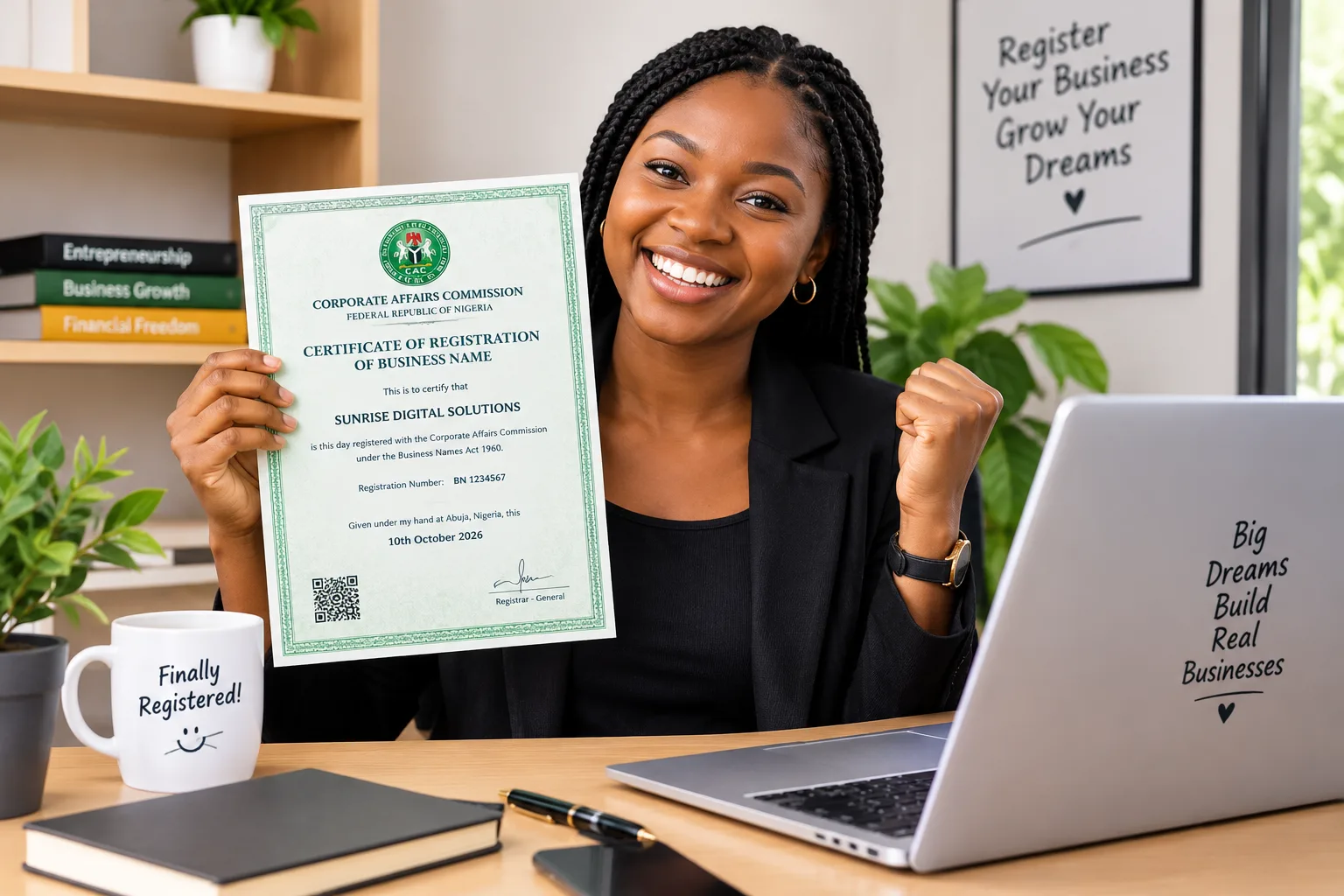 A smiling Nigerian entrepreneur celebrates her successful CAC business name registration by holding her certificate.