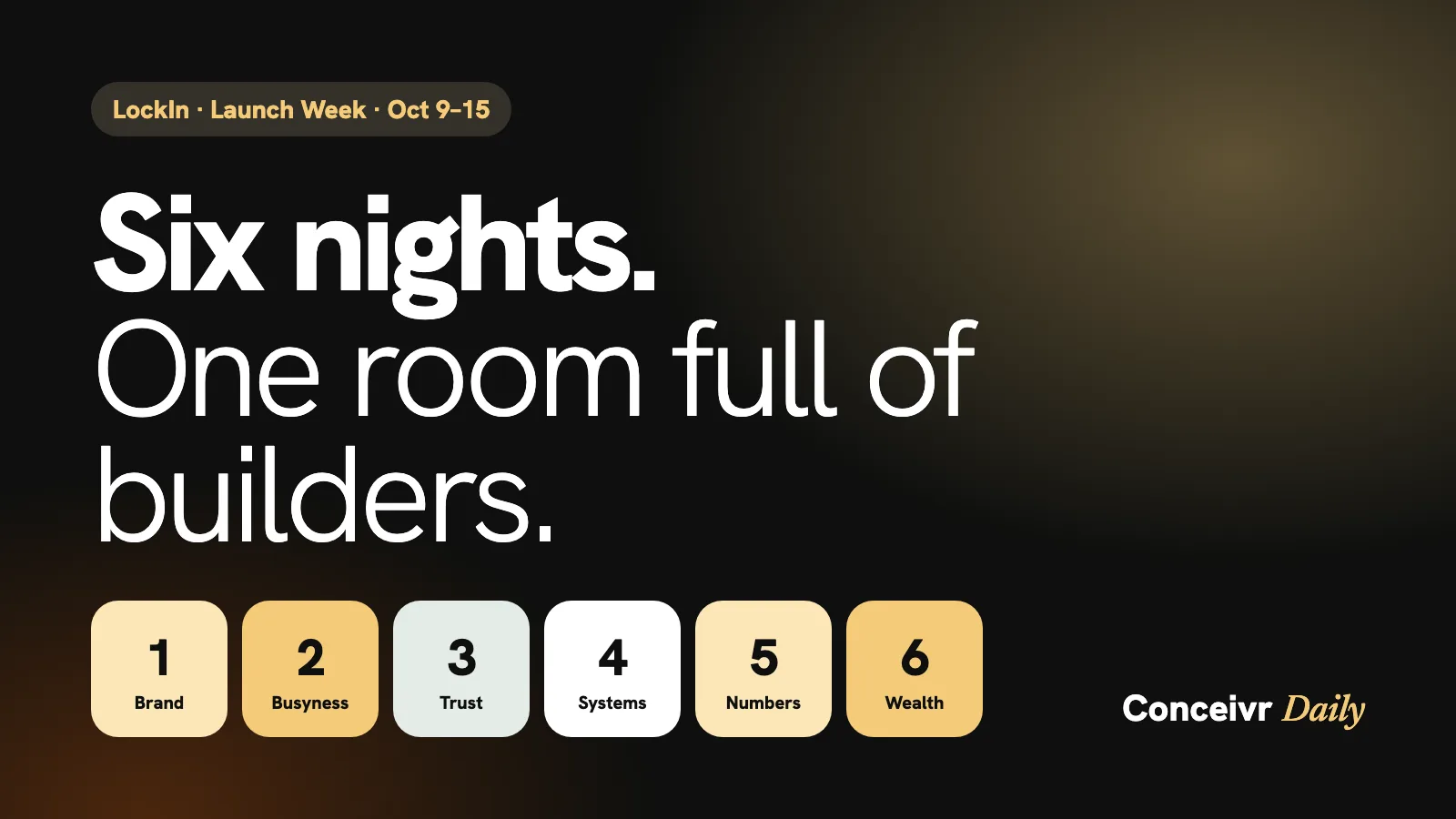 LockIn launch week cover: six nights, one room full of builders, with the six themes brand, busyness, trust, systems, numbers and wealth